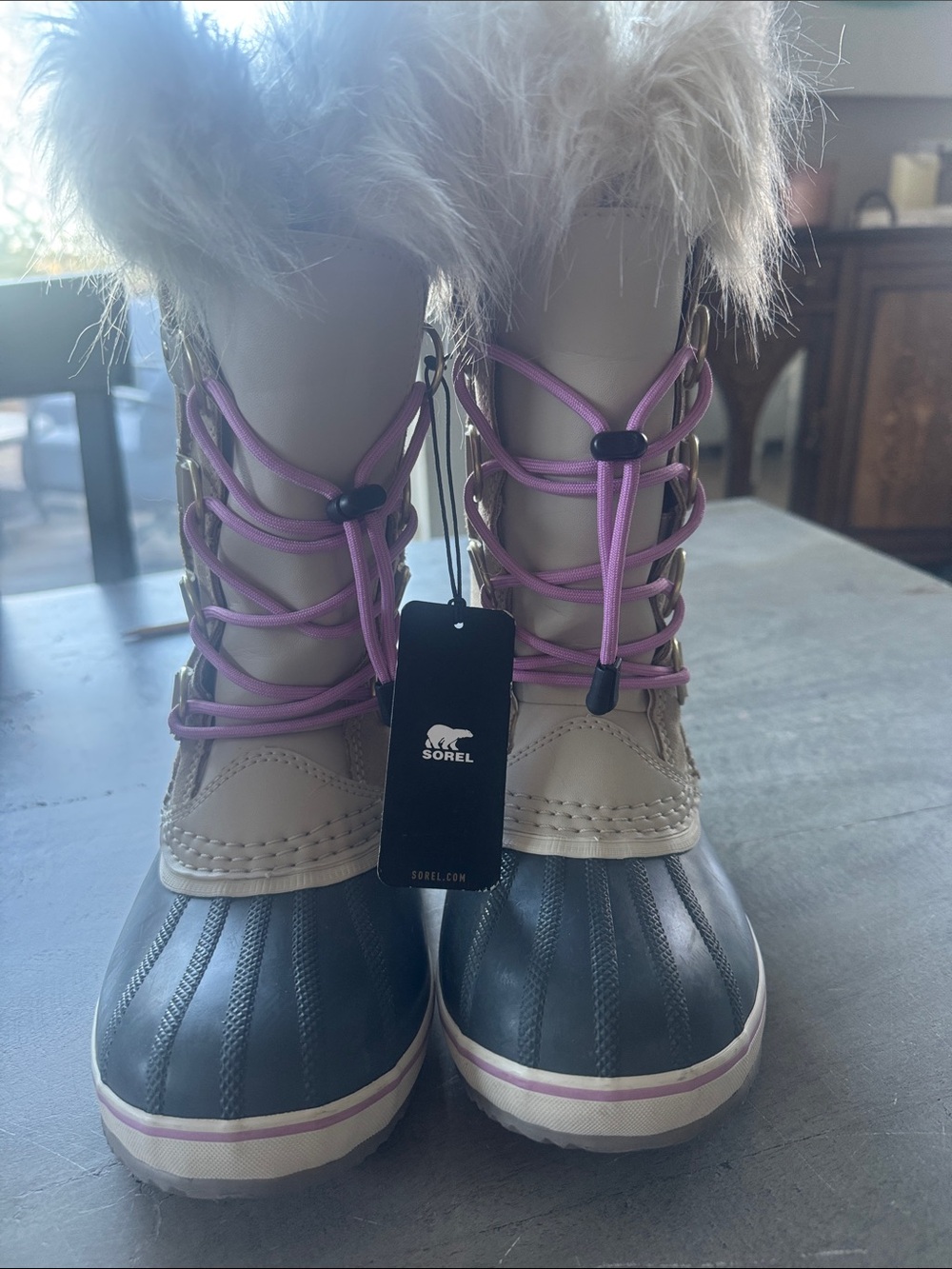 Brand New Sorel Kids Two-Tone Snow Boot with Faux Fur & Purple Laces